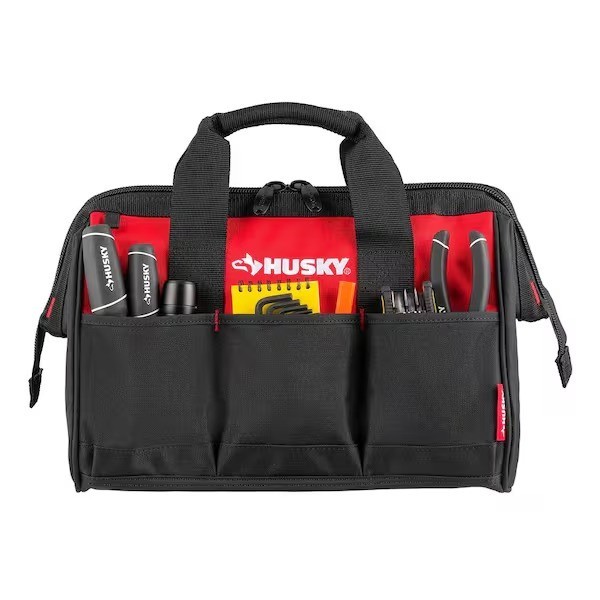 Husky 15 in. 8 Pocket Zippered Tool Bag Polyester Water-Resistant Material, Red