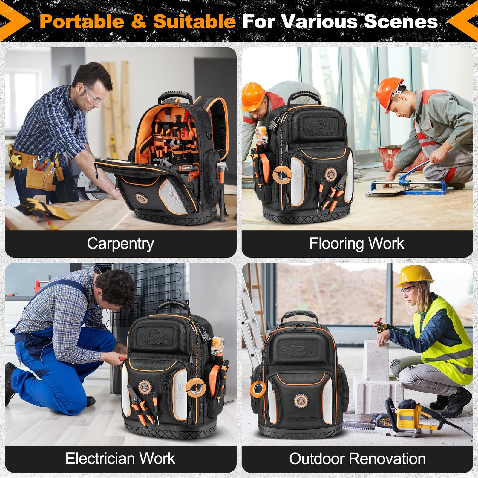 LOKASS 18.1 Inch Tool Backpack, 75 Pockets & 14.6″L x 7″W x 18.1″H, Black