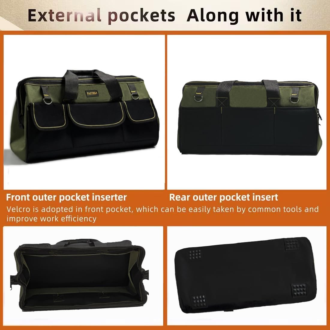FASTECH 22-inch Wide Mouth Tool Bag with Water Proof Molded Green, Green