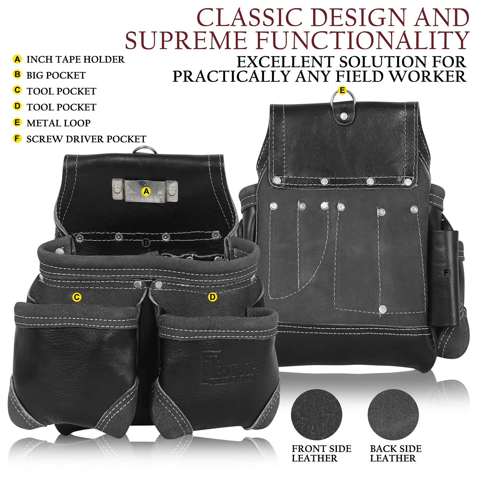 Trutuch Black Leather Tool Belt with Suspender | 18 Pockets | Framers Tool Belt