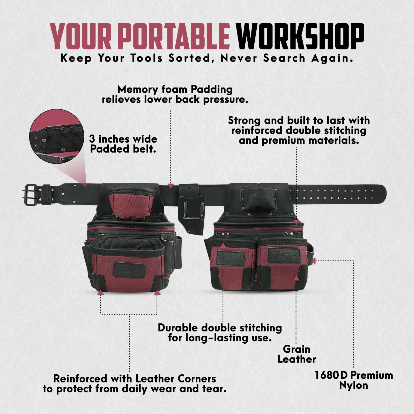 TRUTUCH Nylon and Leather Tool Belt with Leather Work Suspender | Construction