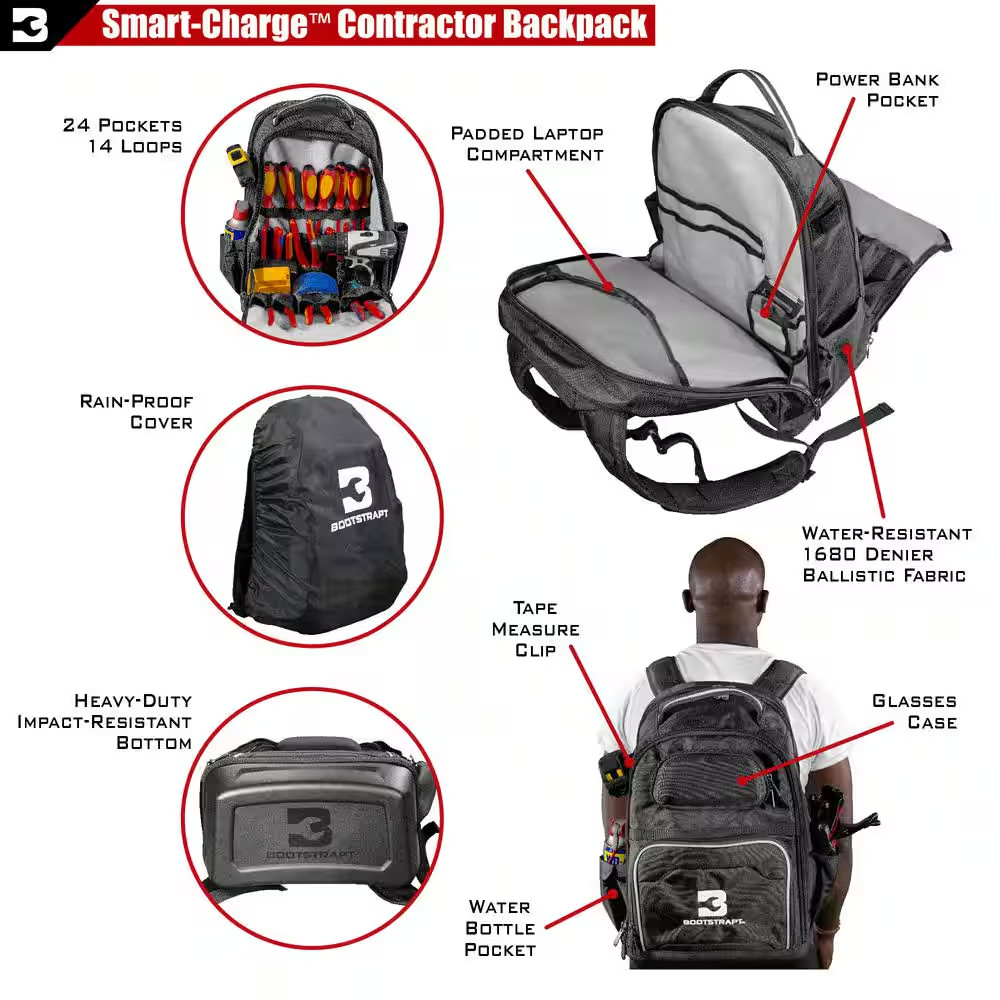 15 In. Contractor’S Backpack with Integrated Power Bank Compartment and Waterpro