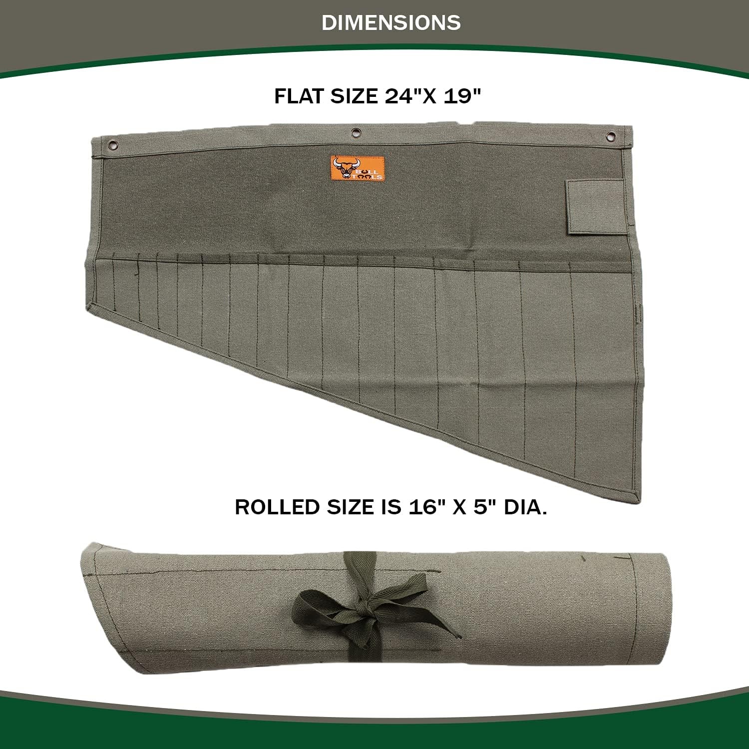 BULL TOOLS Roll Up Tool Bag Organizer 16 Large (16 – PKT), Washed Olive Drab