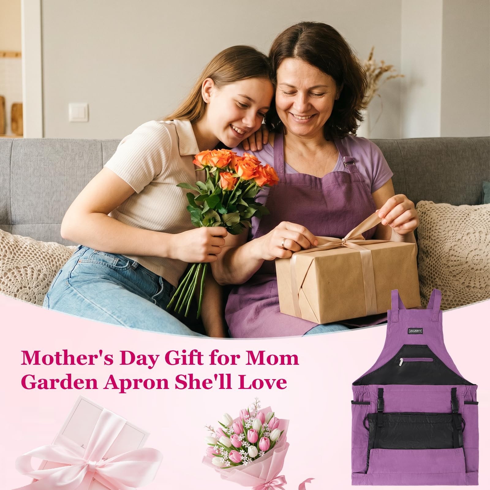 ZIOZERTT Garden Apron,Harvest Apron with Drawstring Bag and One Size, Purple