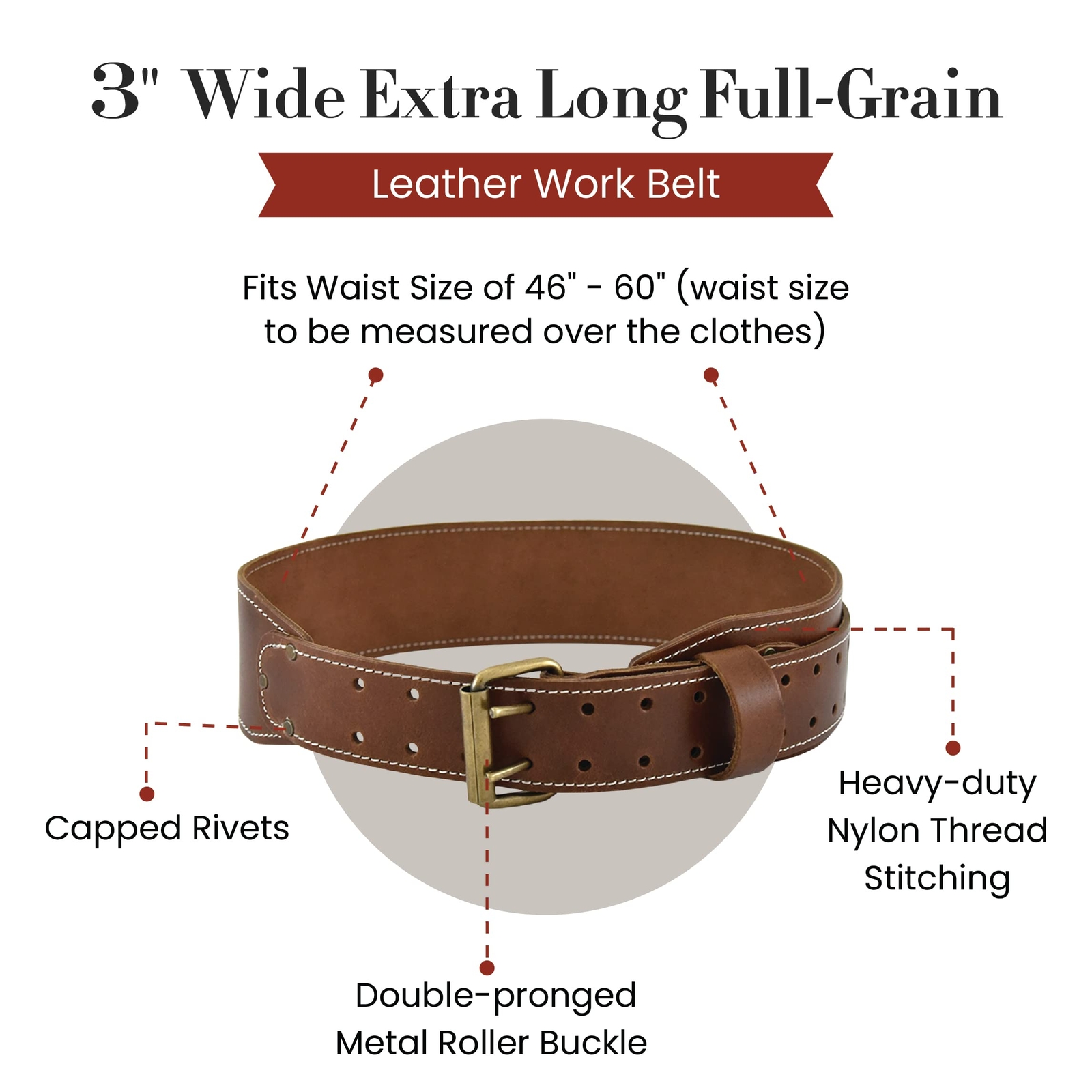 3″ Wide Extra Long Fullgrain Leather Work Belt Durable And Rugged Belt Dark Tan