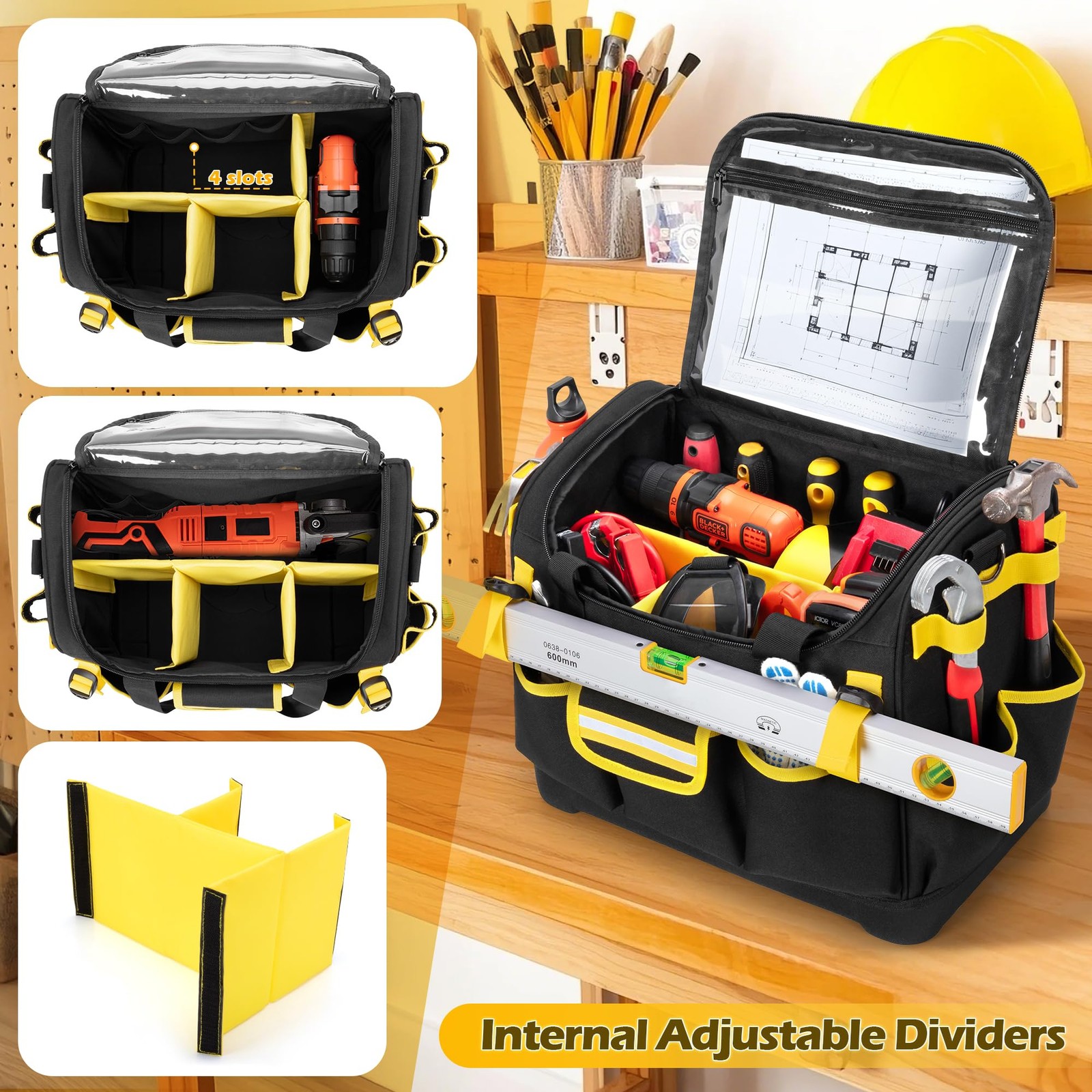 New Best 15-Inch Tool Bag with Hard Bottom, Electrician Box Organizer Detachable