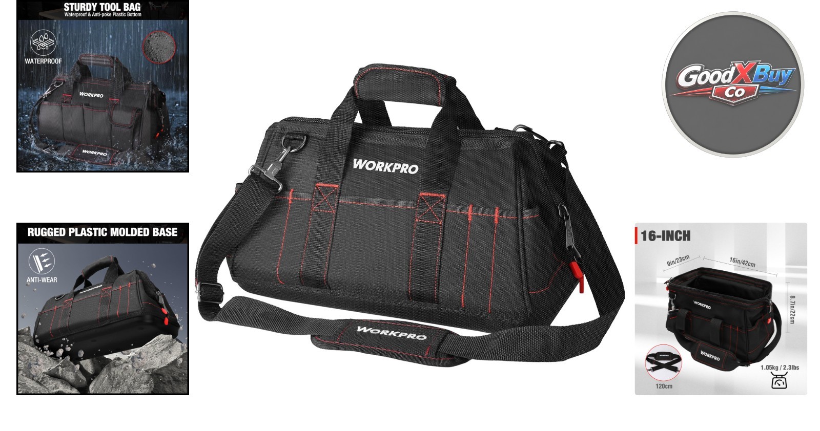 16-Inch Waterproof Tool Storage Bag with Pockets Rubber Base Black
