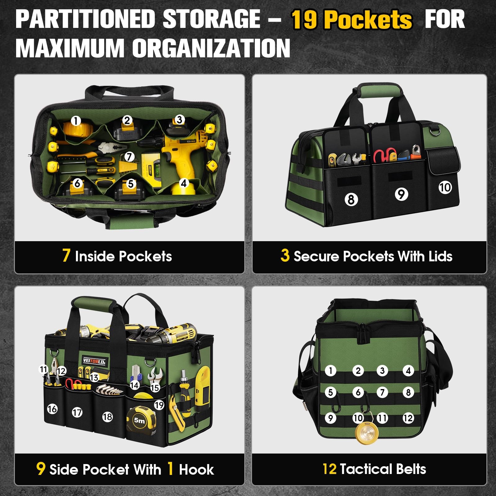 Heavy Duty Tool Bag 16 Inch 19 Pocket Organizer Green Portable Wide Mouth