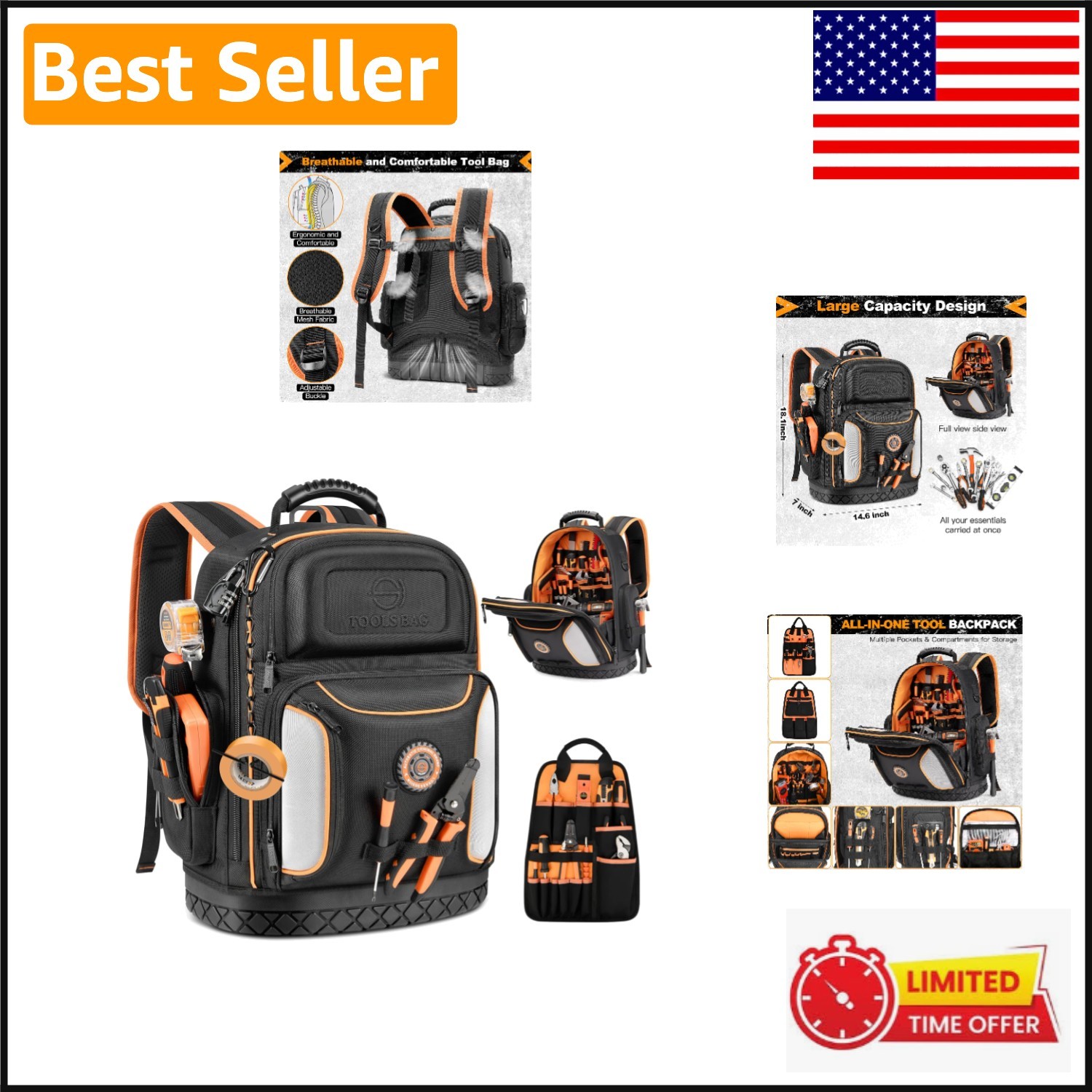Ultimate 18.1-Inch Tool Organizer Backpack – 75 Pockets with Combination Lock