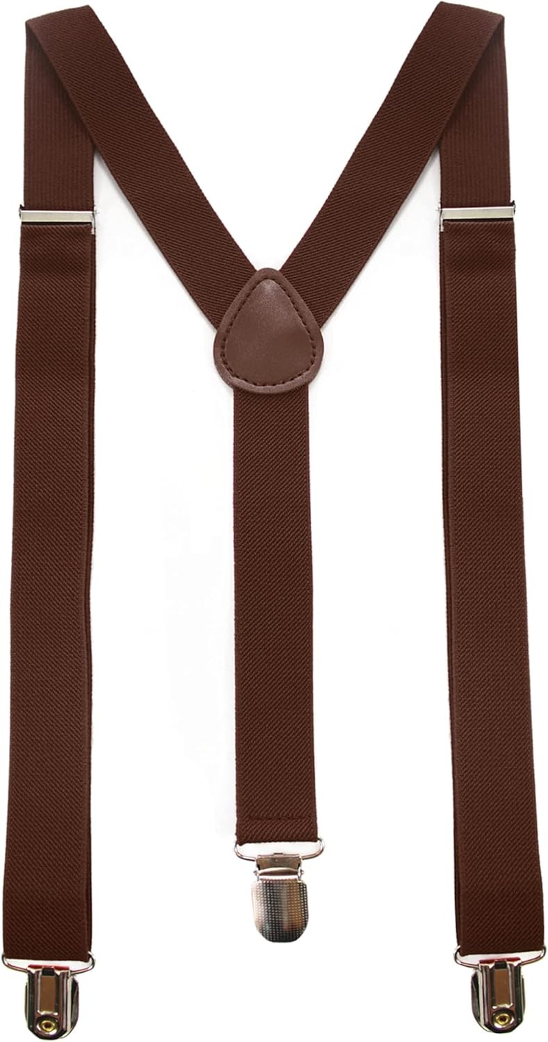 Solid Color Mens Suspender with 3 Strong Clips Adjustable Braces Brown