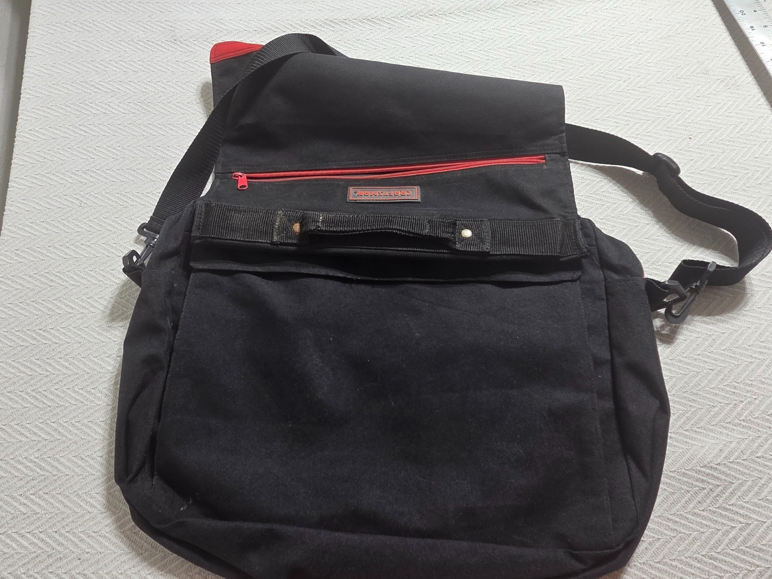 Craftsman Tool Messenger Bag Black Red Shoulder Strap Organizer 20 Inch