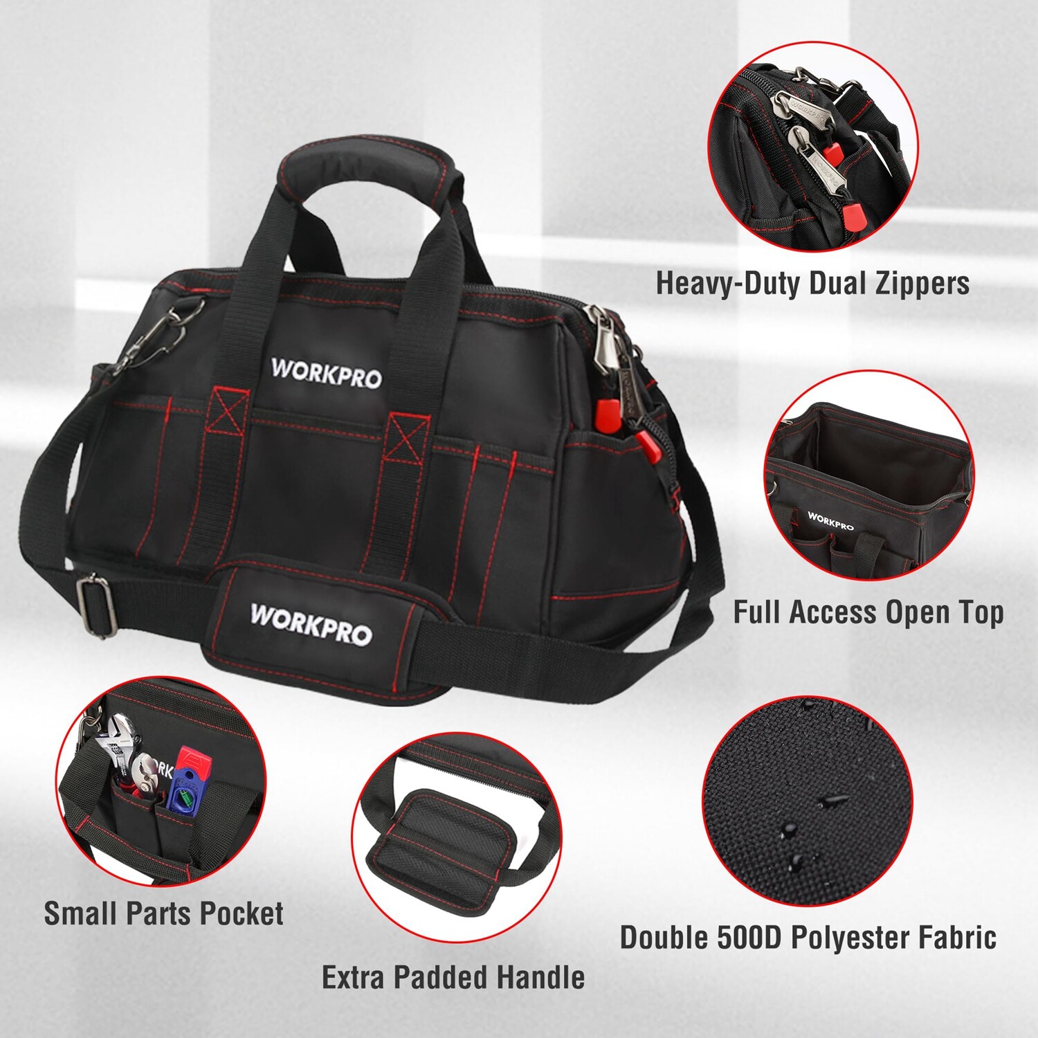 WORKPRO 16-inch Heavy Duty Zipper Tool Bag Wide Mouth Storage Carrying Work Tote