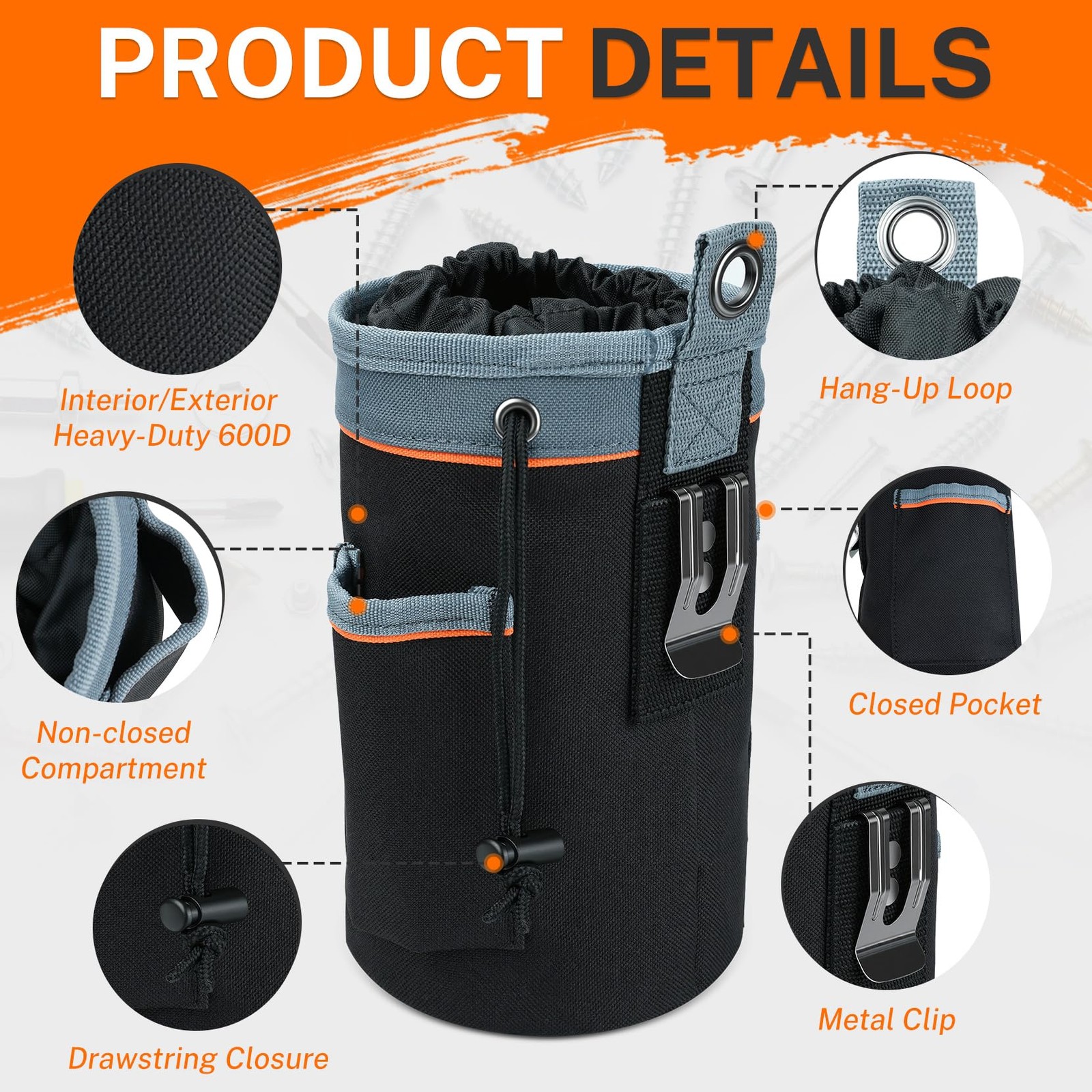 MELOTOUGH Deep & Tall Drawstring Tool Pouch | 5.25×5.25×8.75 Large, Black