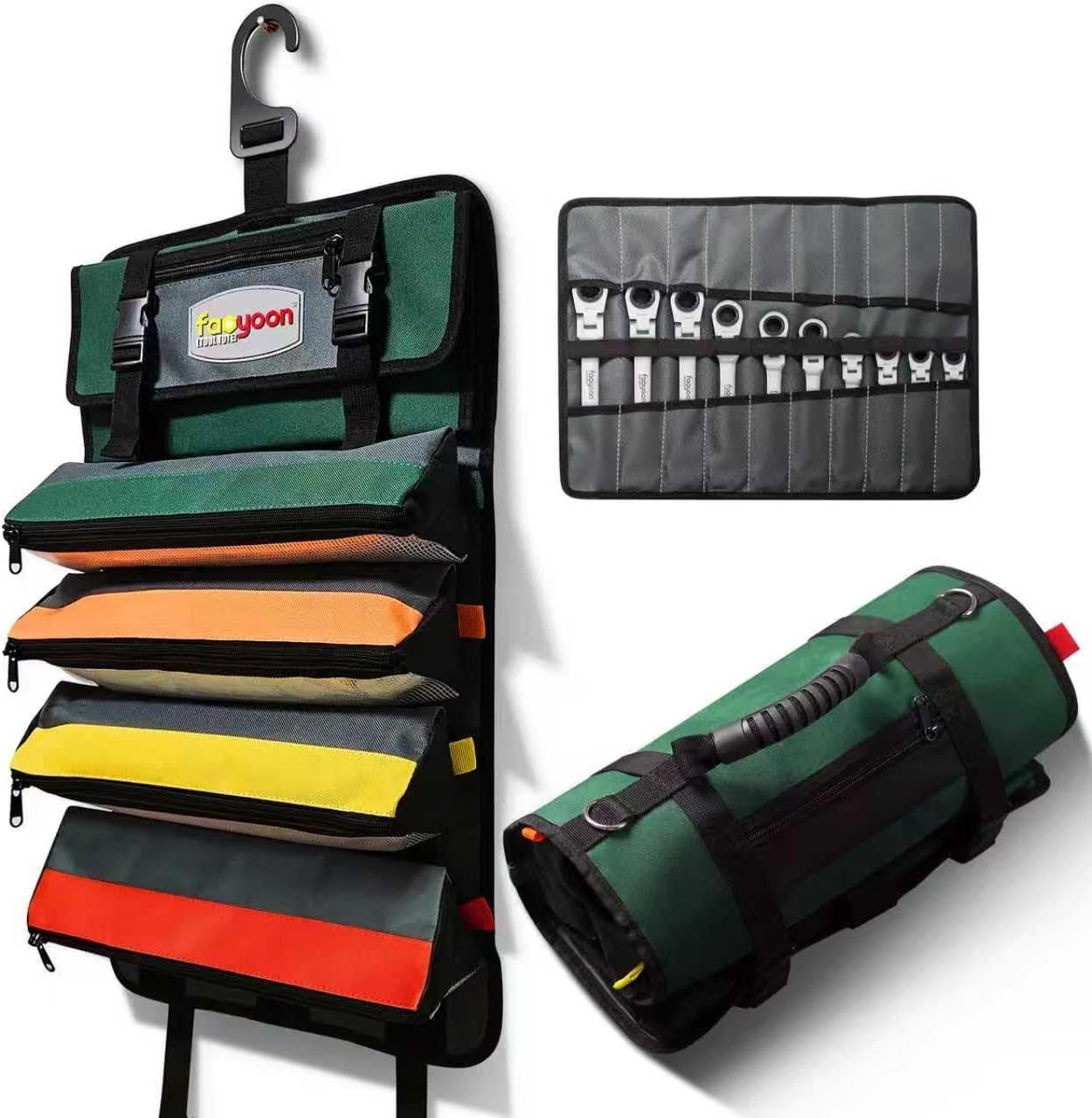 Roll Up Tool Bag Organizer Heavy Duty 5 Zippered Pouches Tools + Wrench Roll Bag