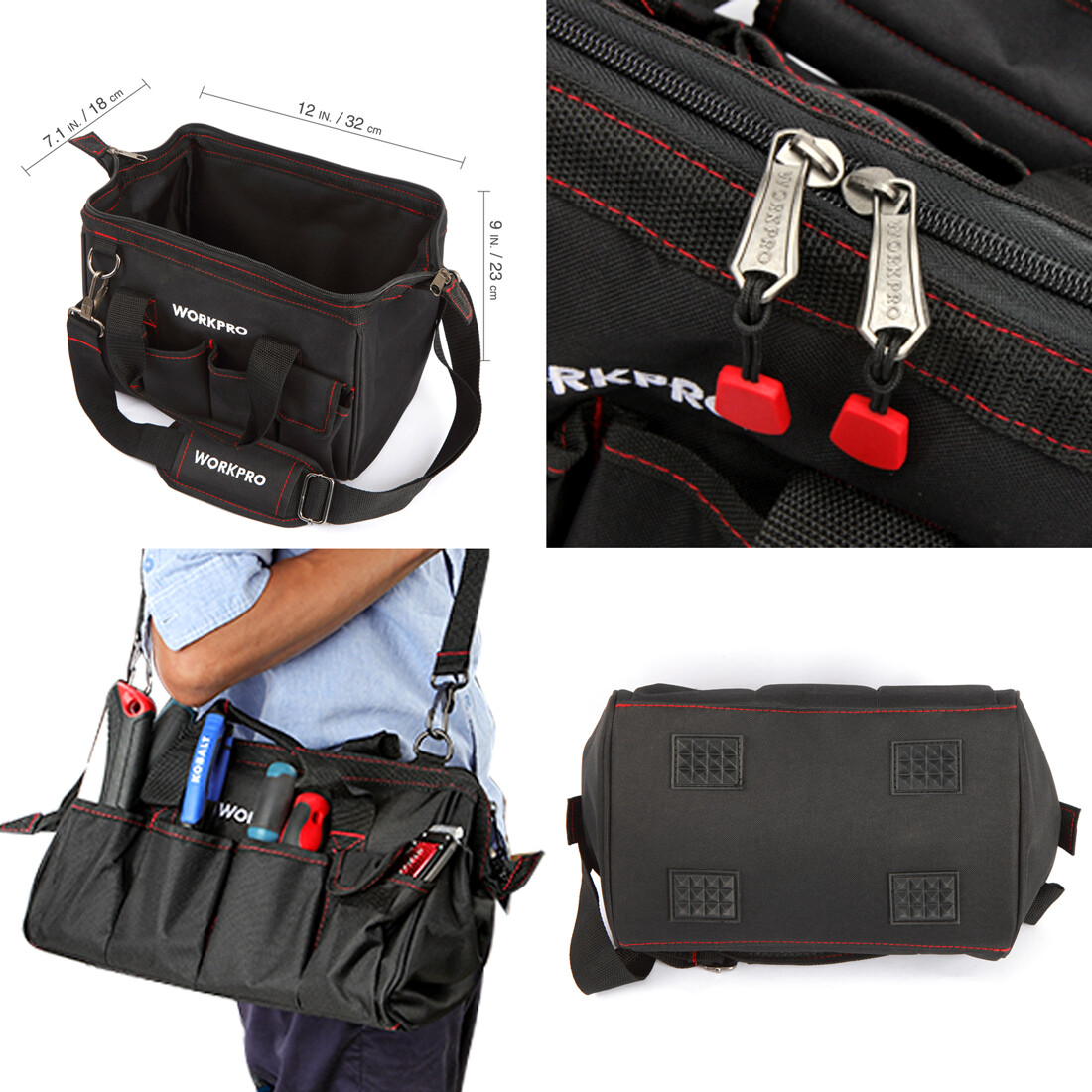 WORKPRO 12″/14″/16″ Close Top Wide Mouth Tool Storage Bag Rubber Base Pocket Bag