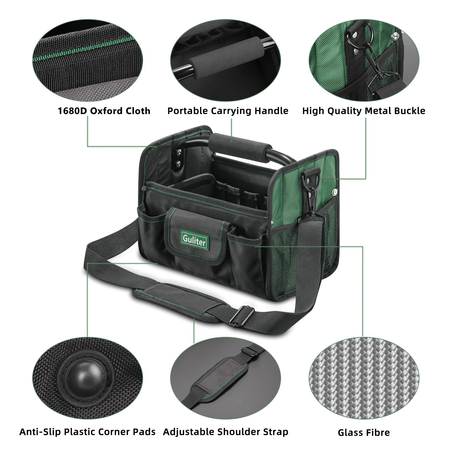 Guliter 11 Inch Small Tool Bag, Open Top Tote with Small, ‎Black&Green