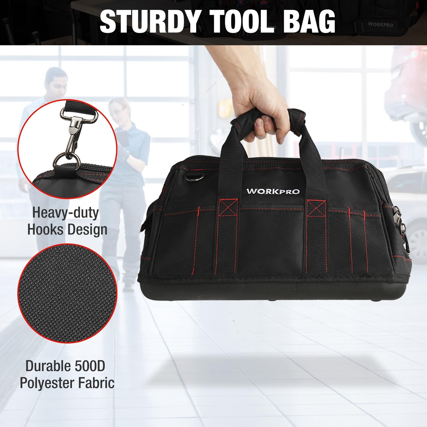 WORKPRO 16-inch Heavy Duty Zipper Tool Bag Wide Mouth Storage Carrying Work Tote