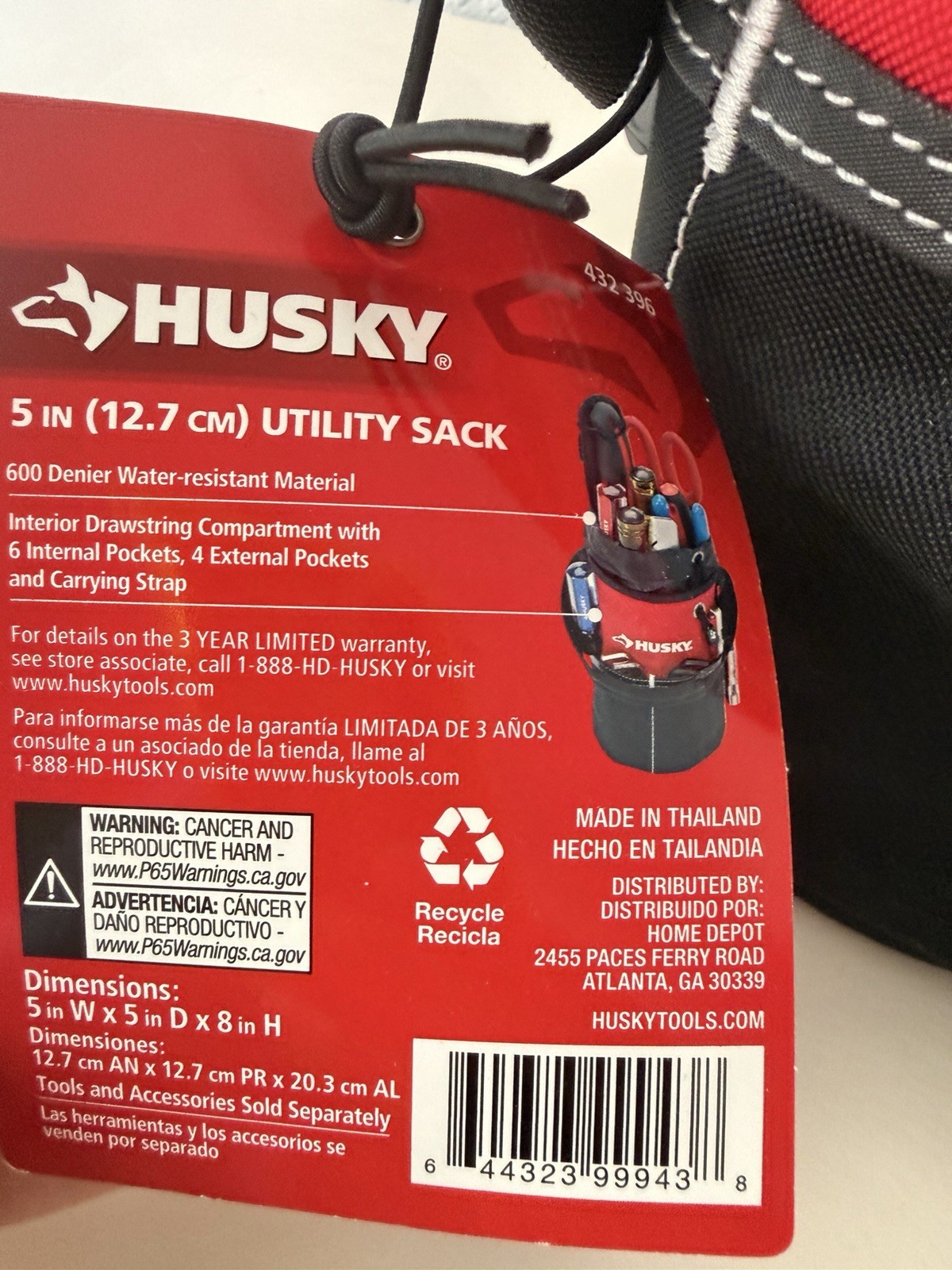 Husky 5 in Utility Sack Tool Bag Red Black 600D Water-Resistant 10 Pockets