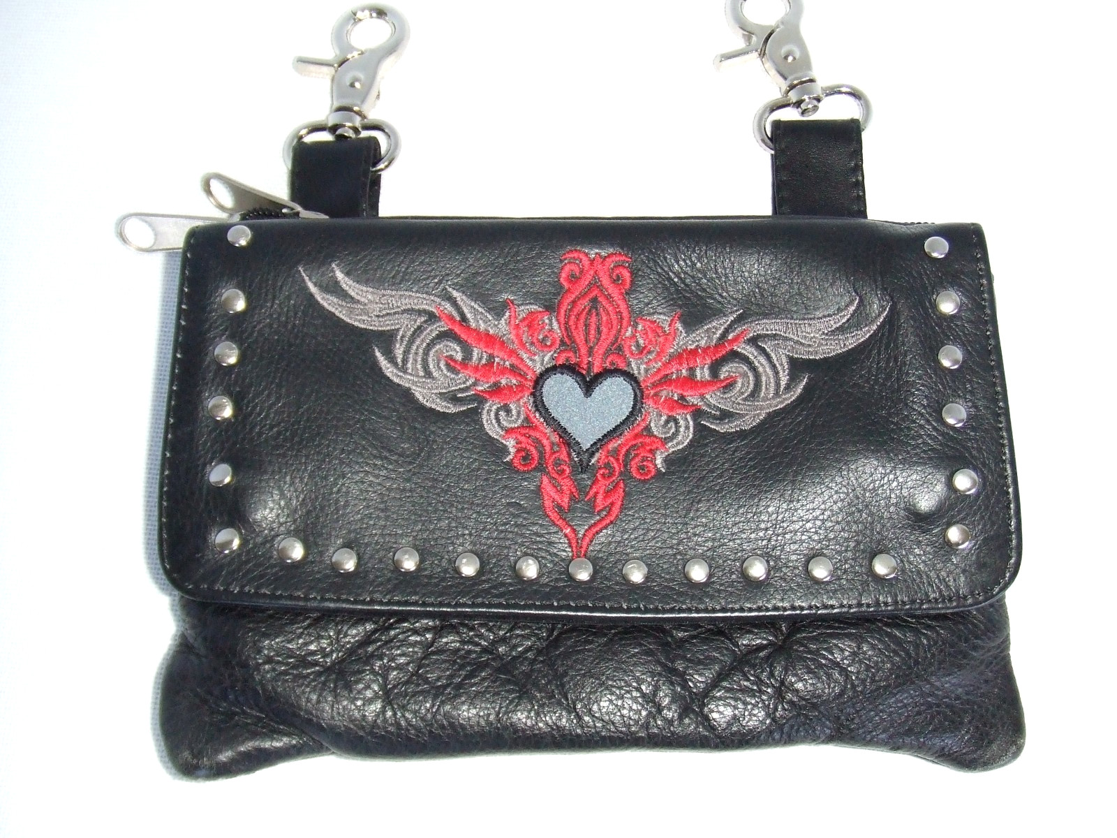 Black Biker Studded Leather Belt Clip Pouch Red and Gray embroider