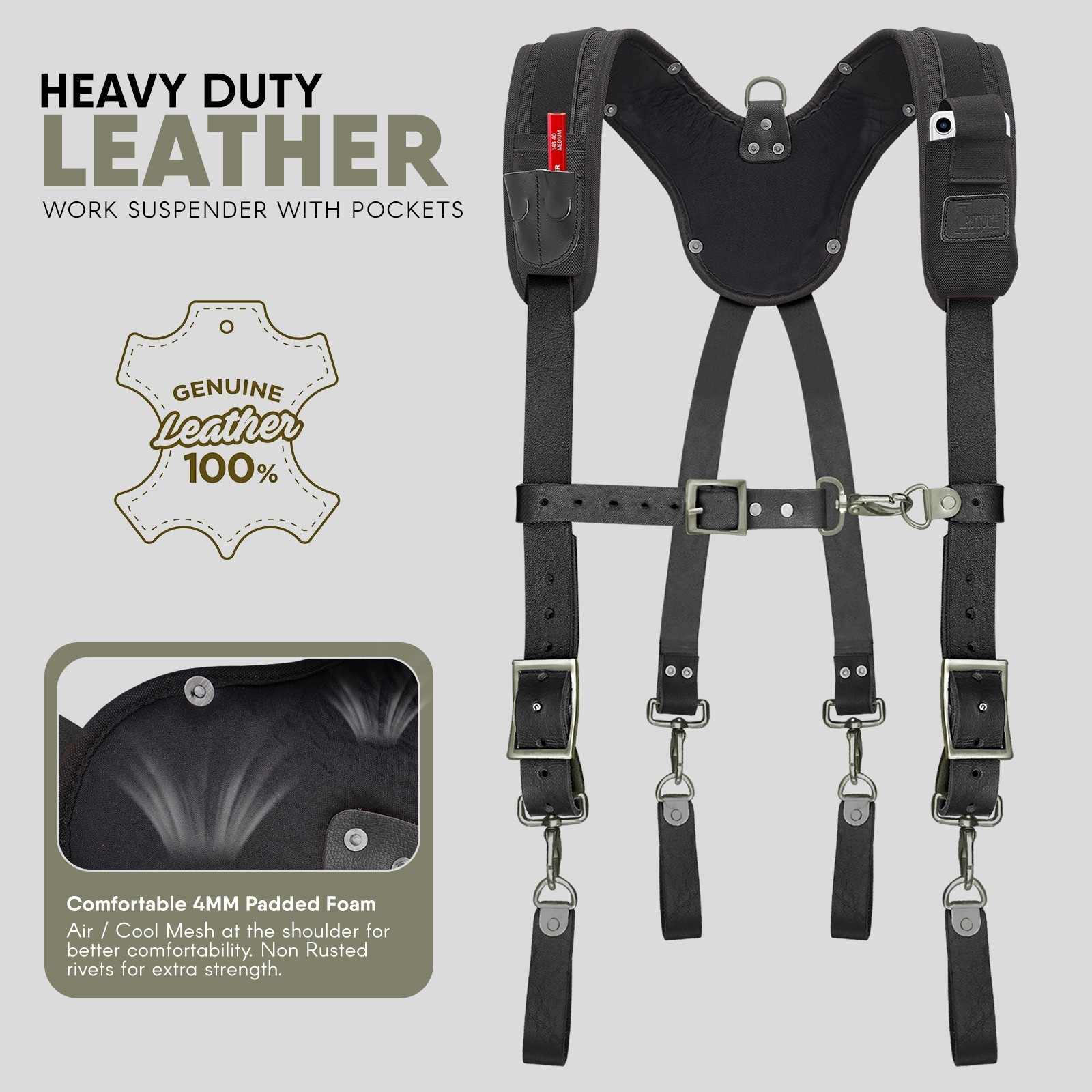 TRUTUCH Nylon and Leather Tool Belt with Leather Work Suspender | Construction