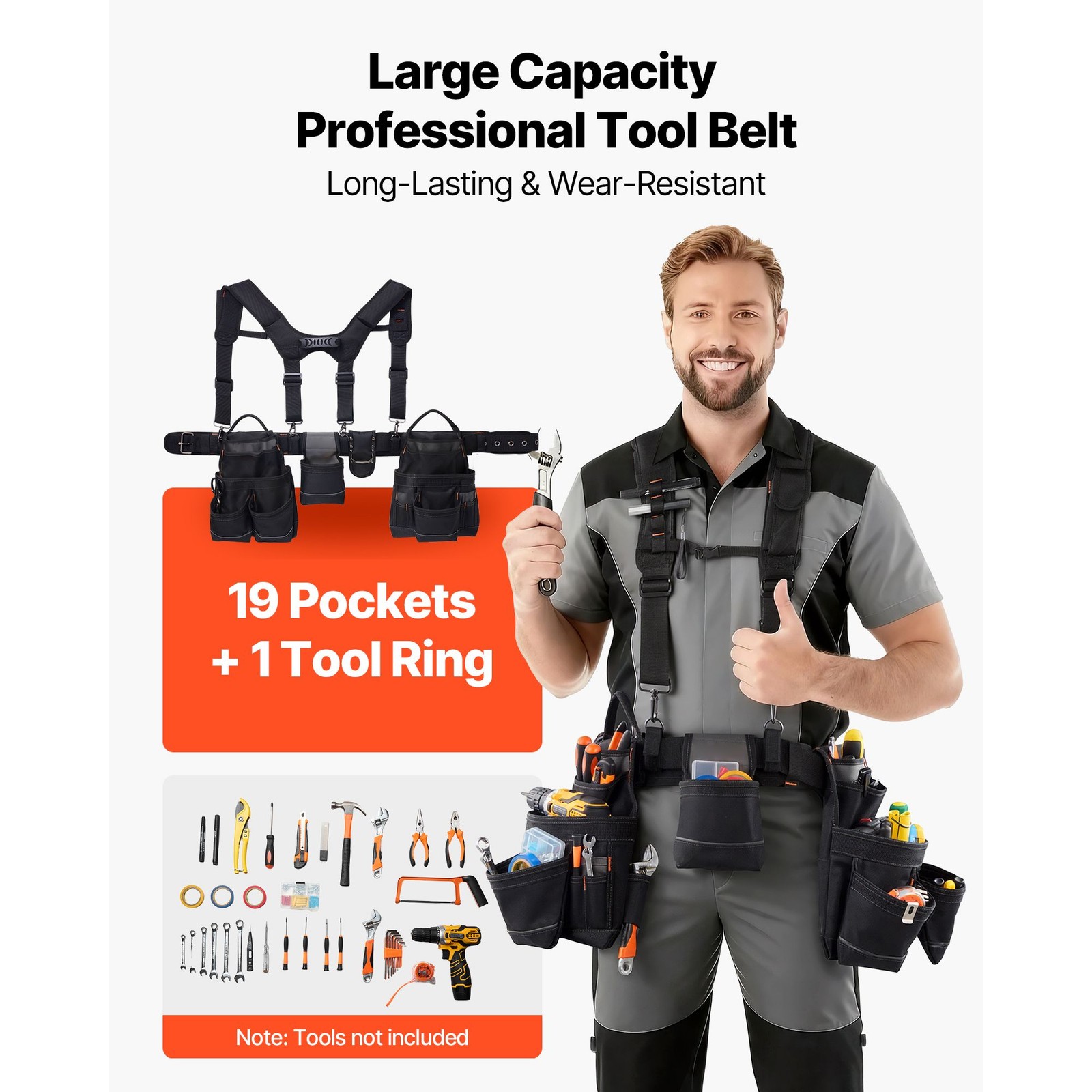 19-Pocket Tool Belt with Suspenders, 31-51in Adjustable Waist