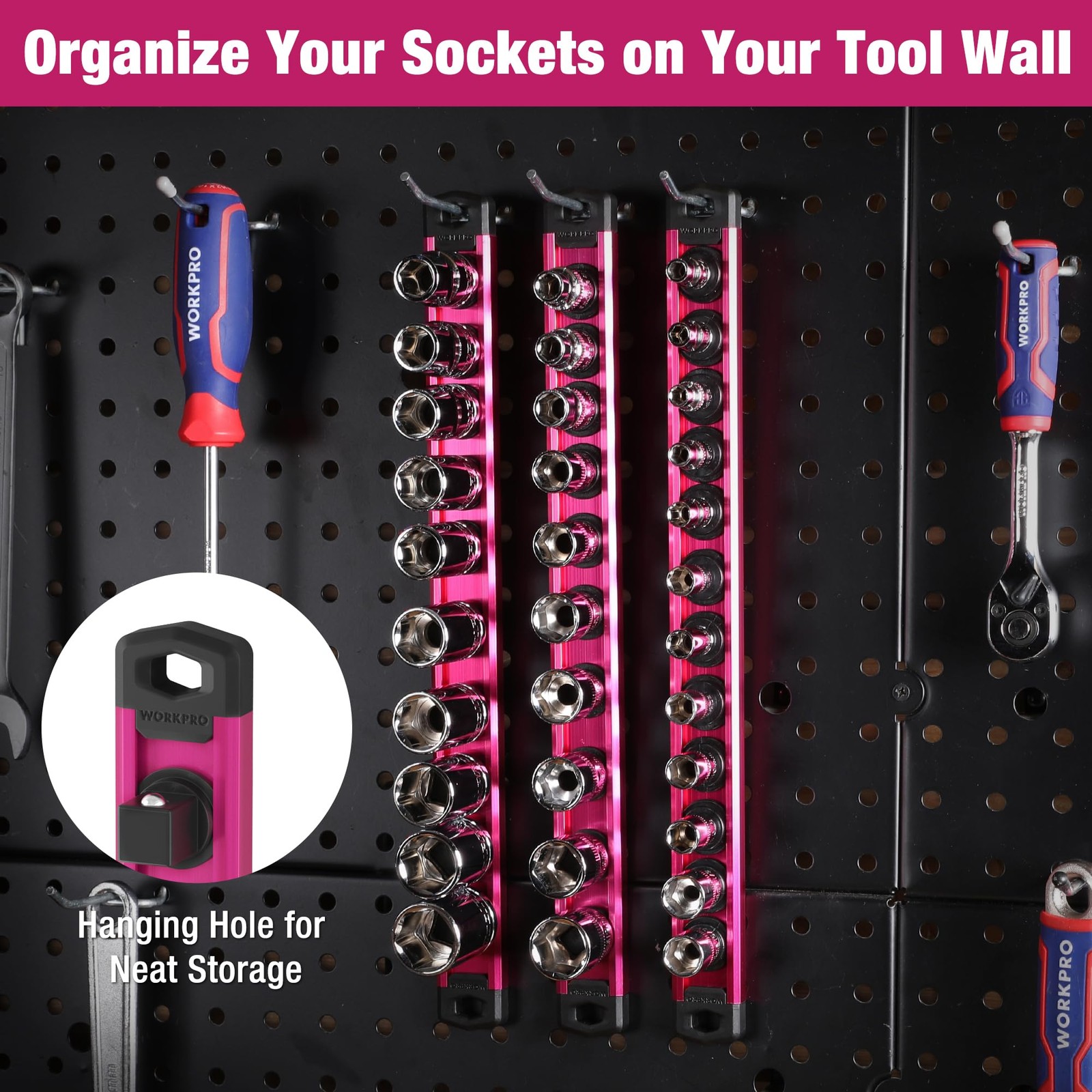 WORKPRO Magnetic Socket Organizer, 1/4-Inch Drive Aluminum 1/4″ DR, Rose Red