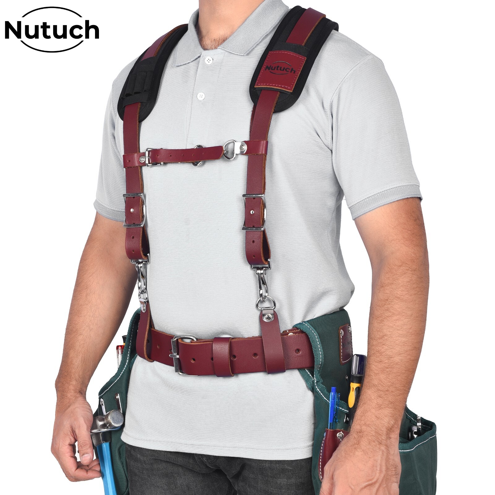 NUTUCH Heavy Duty Leather Work Suspender With Pockets | Tool Belt Suspender