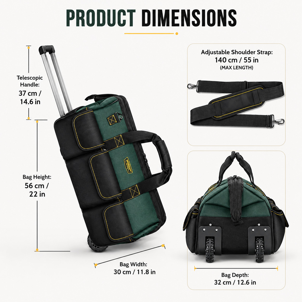 22 Inch Rolling Tool Bag with Wheels Telescopic Handle Heavy Duty 15 Pockets Bag