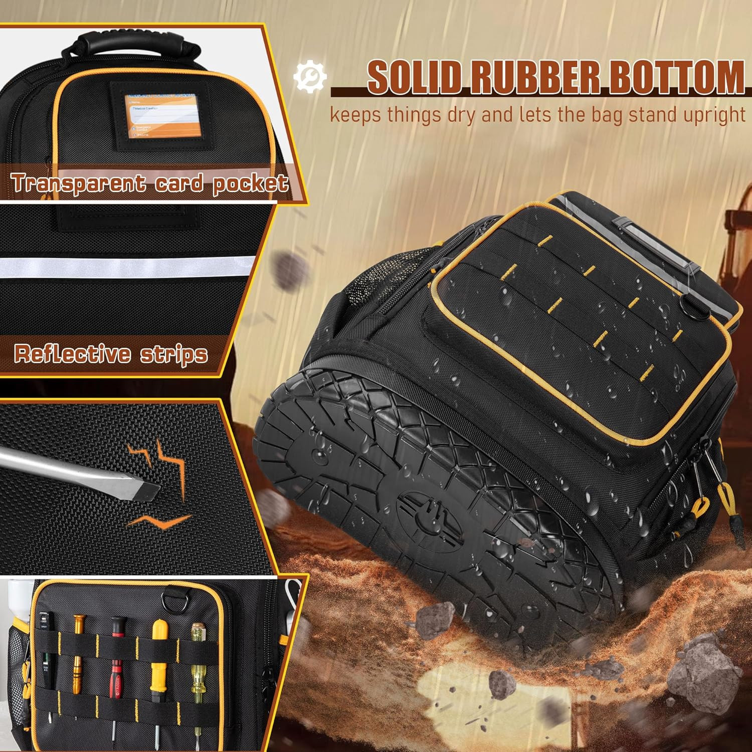 Heavy Duty Tool Backpack with Hard Bottom, Pockets & Laptop Sleeve, Black