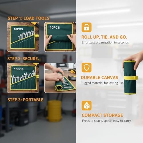 Canvas Tool Roll Wrenches Bag Portable Storage Organizer with 10 Pockets