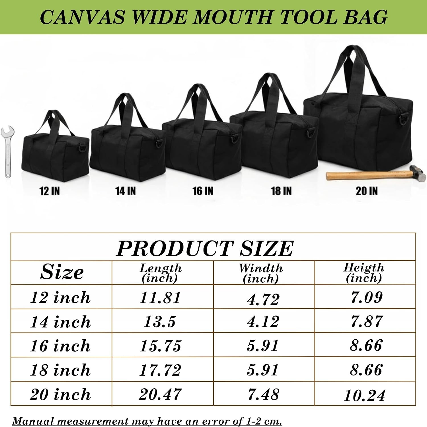 Canvas Wide Mouth Tool Bag, Large Capacity Bags for Men, 14 Inch, Black