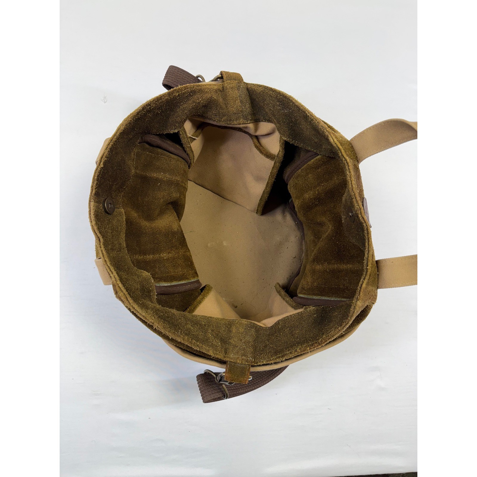 Round Suede Tool Bag Tote Canvas Trim Padded Handle Shoulder Strap Brown