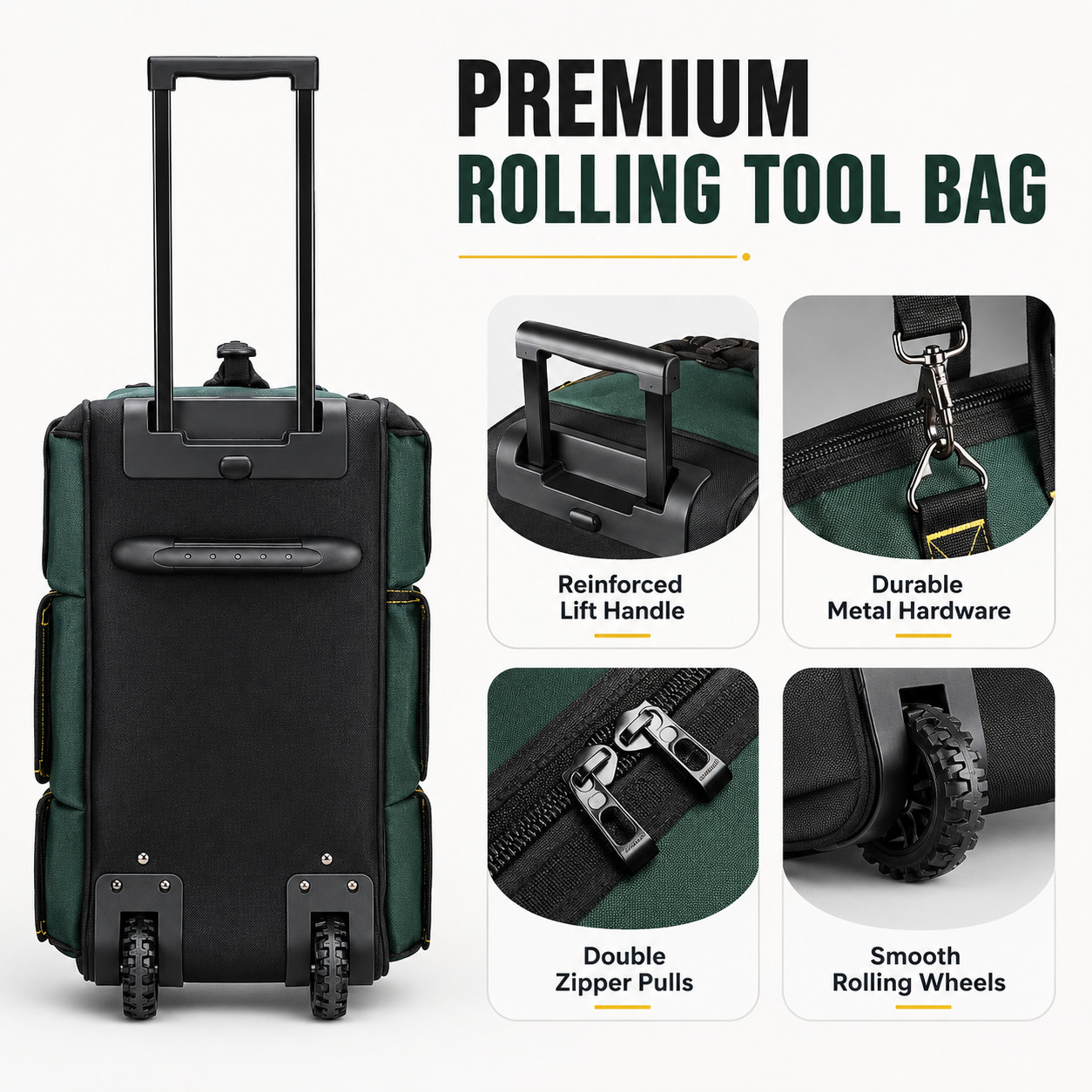 22 Inch Rolling Tool Bag with Wheels Telescopic Handle Heavy Duty 15 Pockets Bag