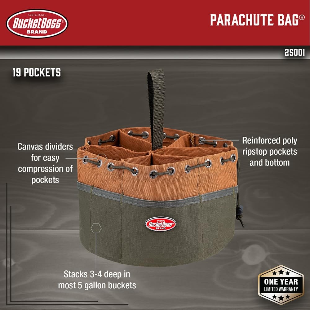 BucketBoss 25001 Canvas Organizer Parachute Bag with 1 Pack, Brown and Green