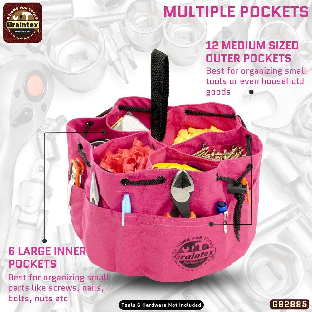 10 In. 18-Pocket Grab Tool Bag with Drawstring Closure in Pink Canvas