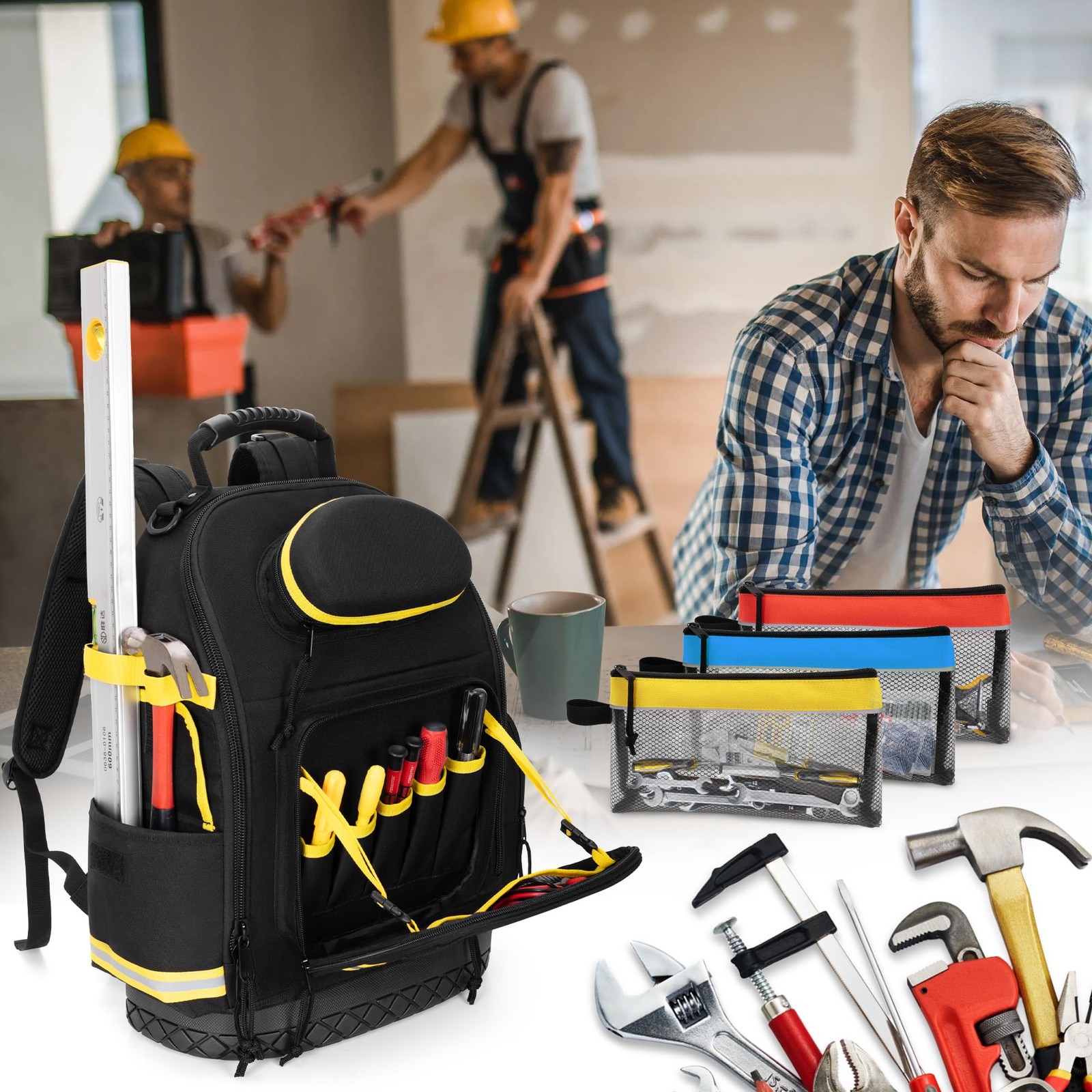 Tool Backpack with Hard Bottom and 3 Pouches, Heavy Duty Tool Organizer Bag f