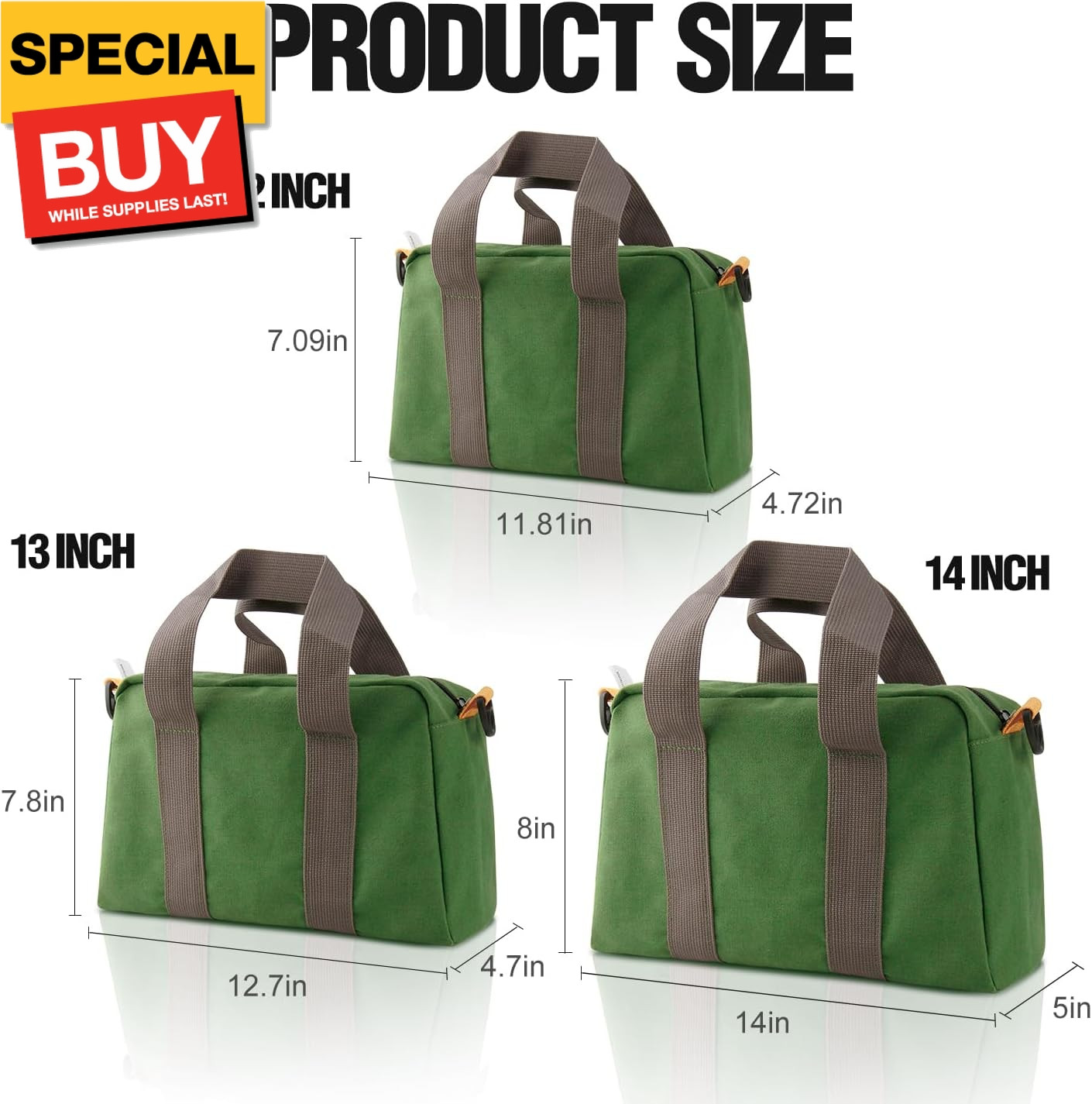 13 Inch Small Tool Bag, Canvas Tool Storage Bag, Large Capacity Multipurpose Zip