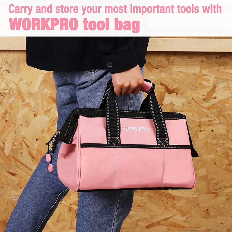WORKPRO 13-in Tool Bag Pink Soft Cloth Tool Storage Bag Wide Mouth Tool Tote Bag