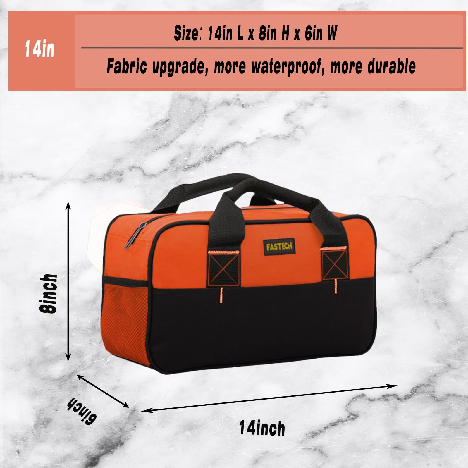 FASTECH 14 Inch Small Tool Tote Bag, Wide Mouth Zipper Orange, Orange