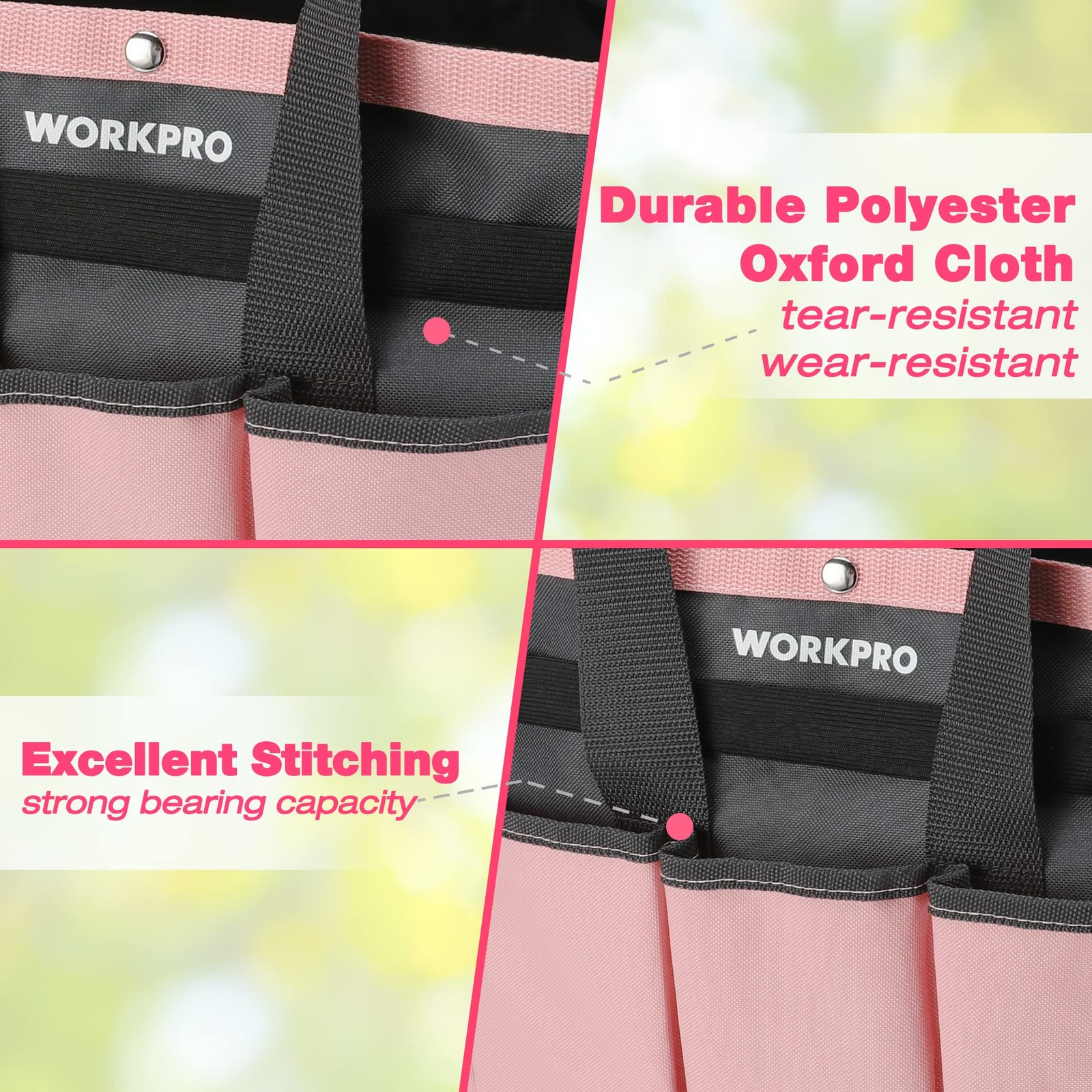 WORKPRO Garden Bag, Tool Tote Storage 16.5 x 9.6 x 13.4 inches, Pink