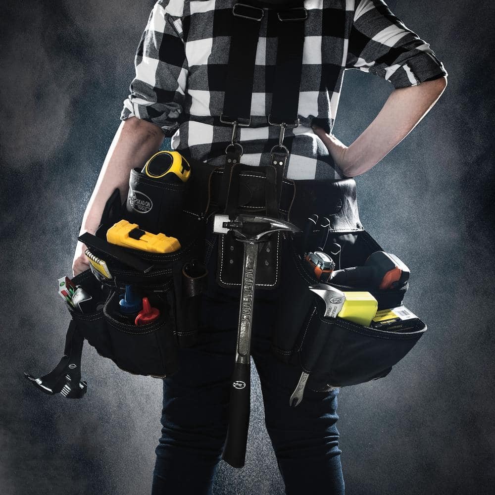 DEAD ON TOOLS Leather Hybrid Weather-Resistant Tool Belt w/ Suspenders in Black