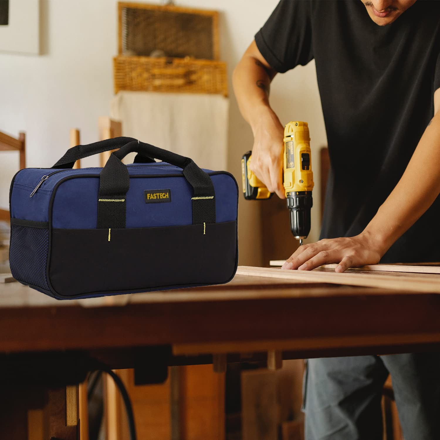 FASTECH 14 Inch Small Tool Tote Bag, Wide Mouth Blue, Blue