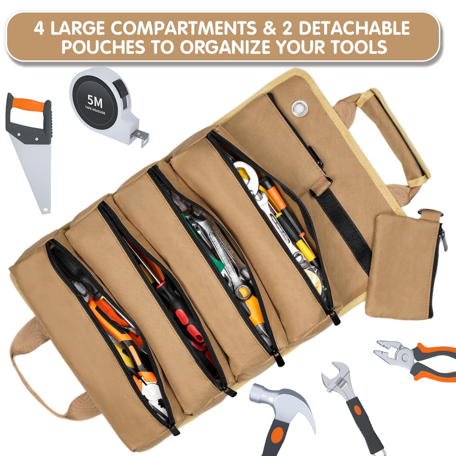 Roll Up Tool Bag Heavy Duty Tool Organizer Bag with 6 Pouches Khaki