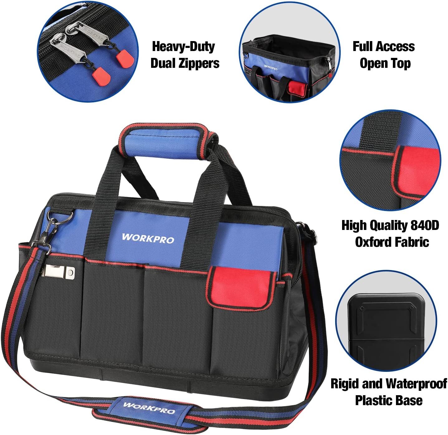 WORKPRO 18-in Tool Bag Tool Organizer Molded Base Open Top Bag w/Shoulder Strap