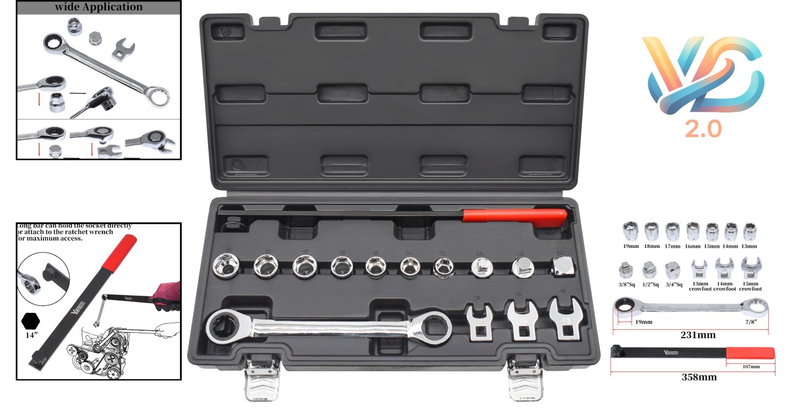 15pcs Serpentine Belt Tool Kit Ratcheting Wrench Sockets Tensioner Car Repair