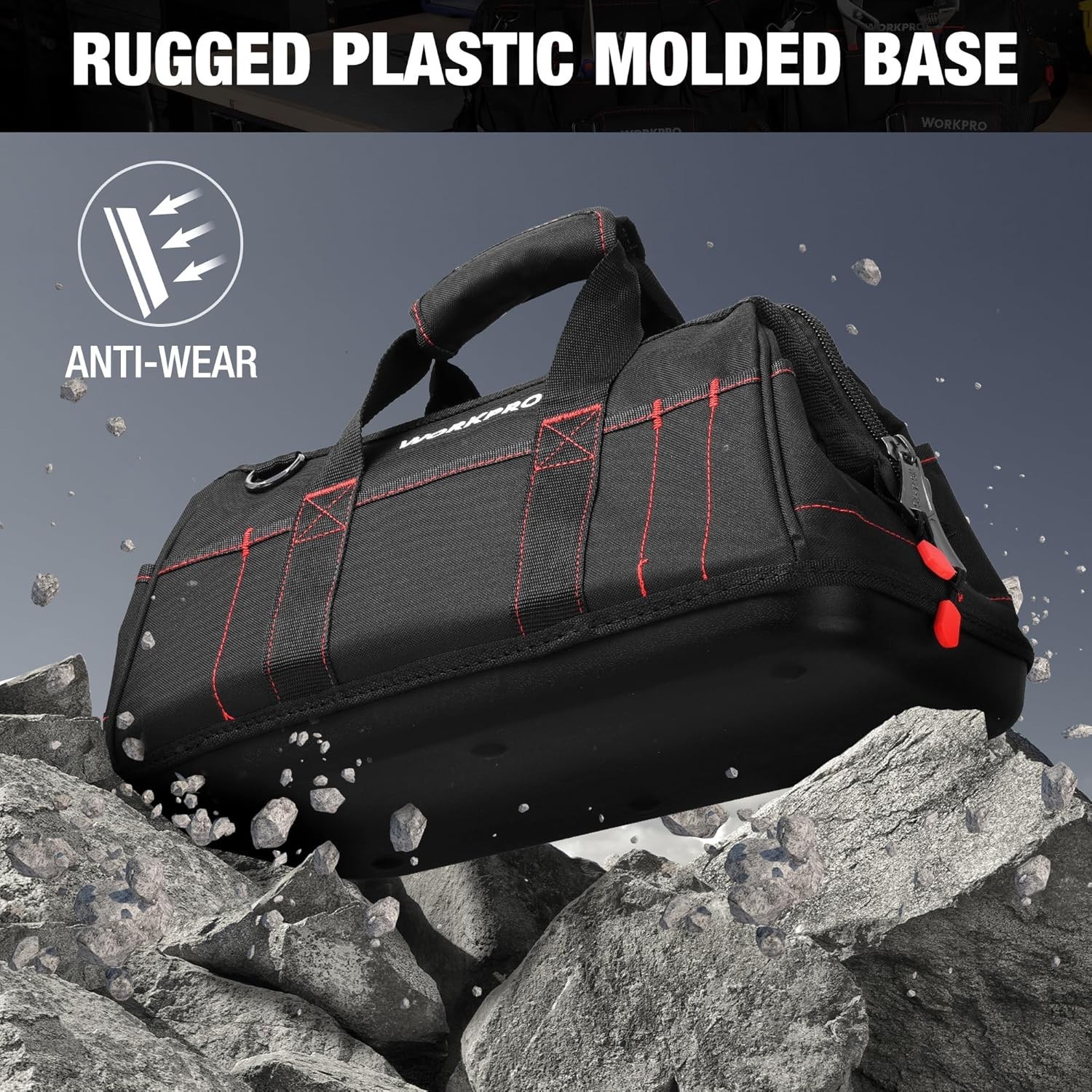 16-Inch Waterproof Tool Storage Bag with Pockets Rubber Base Black