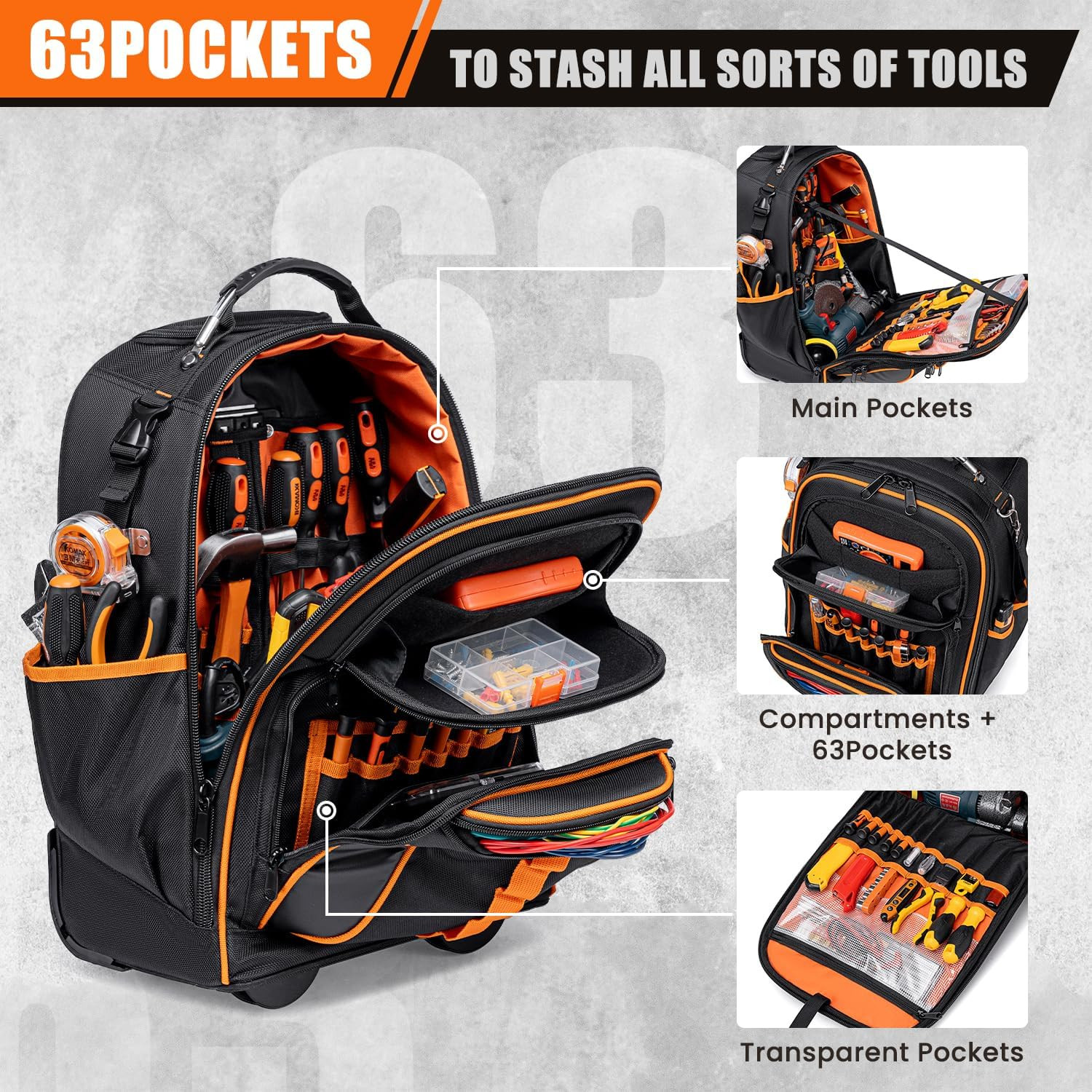 2-In-1 Rolling Tool Backpack Heavy Duty, Rolling Tool Bag with Wheels, 63-Pocket