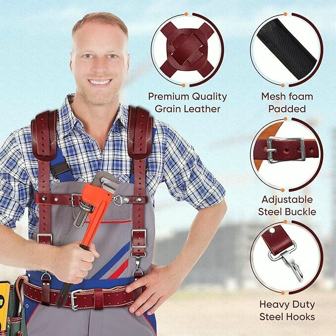 leather tool belt with suspenders for men women Electrician carpenter Adjustable