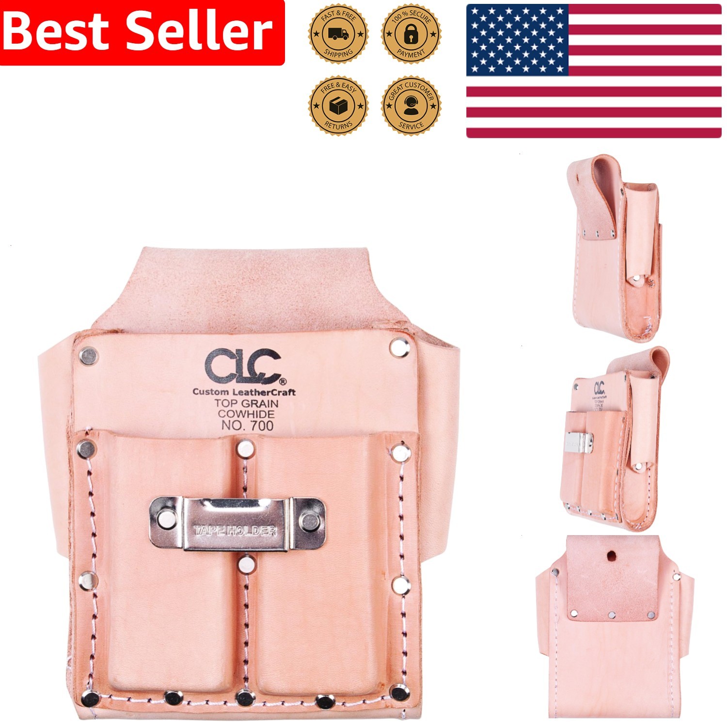 CLC Tool Pouch 700 Heavy Duty Tan Leather 5-Pocket Belt Organizer Rugged Durable