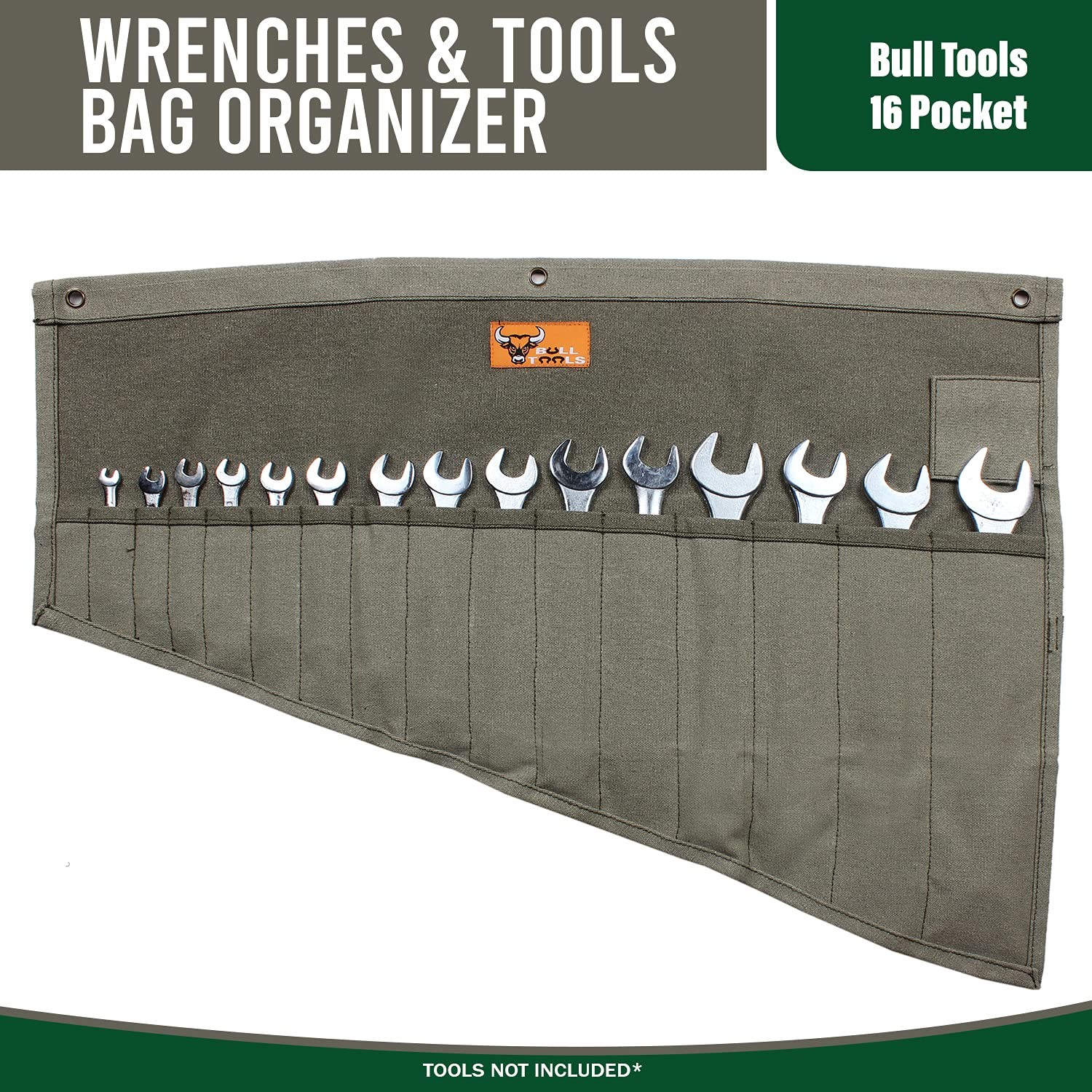 BULL TOOLS Wrench Roll, 16 Pocket Tool Large (16 – PKT), Washed Olive Drab